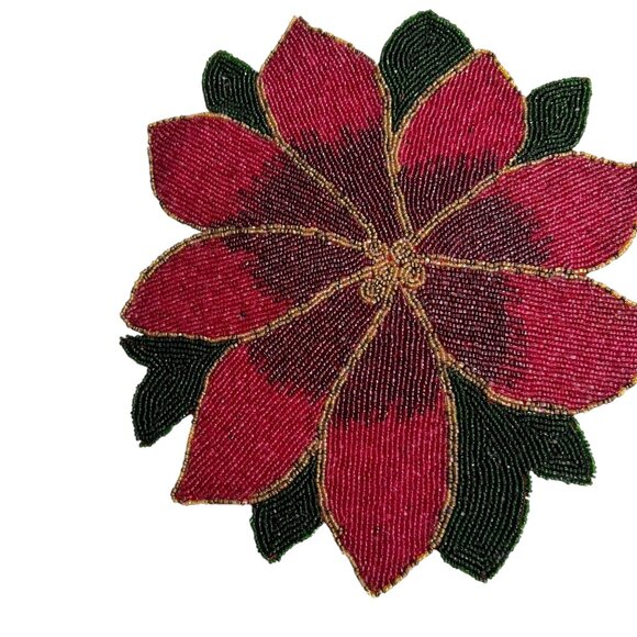 Vintage Beaded Poinsettia Holiday Placemats Set Of 4‎ Red/Green/Gold Chargers - Picture 4 of 7